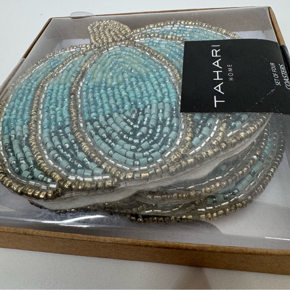 Tahari Home Set of 4 Pumpkin Drink Coasters Beaded Blue Aqua Teal & Gold New Nib - Picture 4 of 9